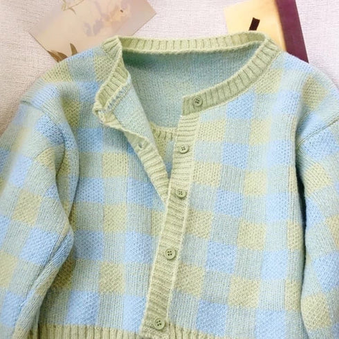 Fashion Versatile Contrast Checkered Knitted Two Piece Cardigan